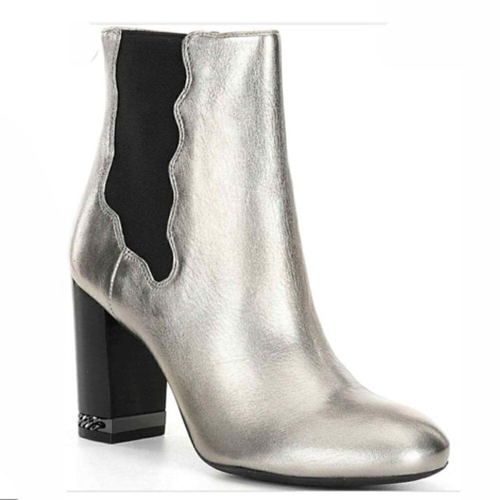 Preston & York Size 7.5M Olina Metallic Leather Chain Heel Chelsea Booties Zip
